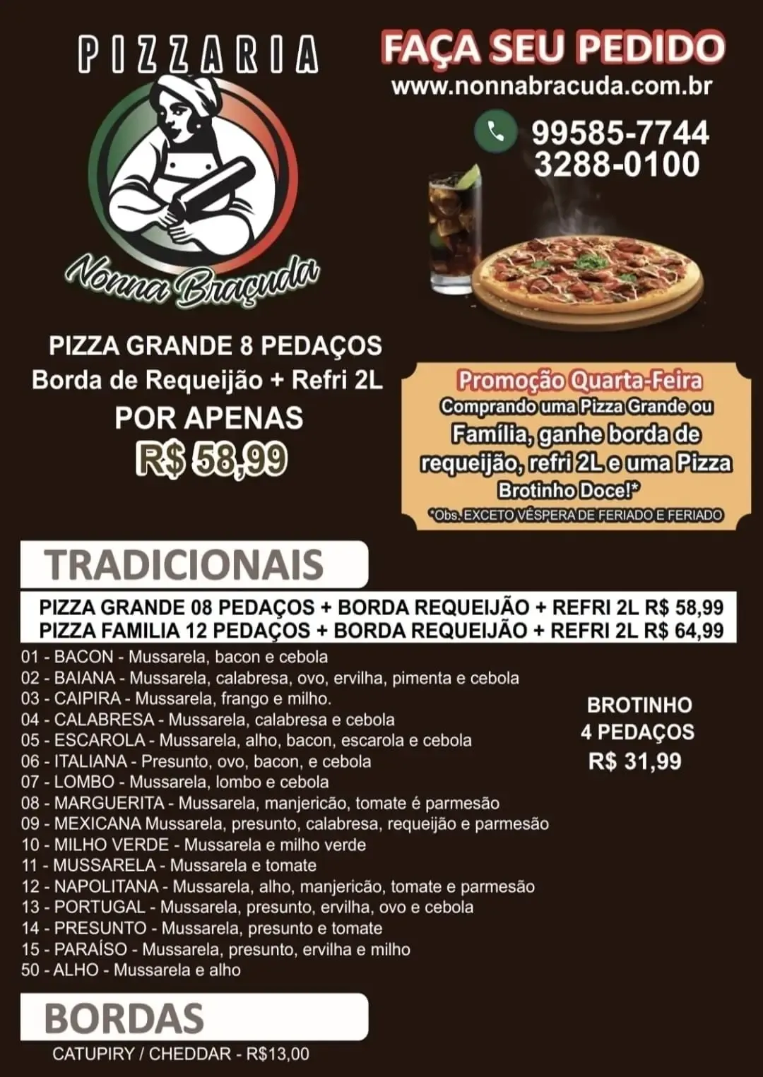 Cardápio Nonna Braçuda, página 1: promoção de quarta-feira, pizzas tradicionais e bordas