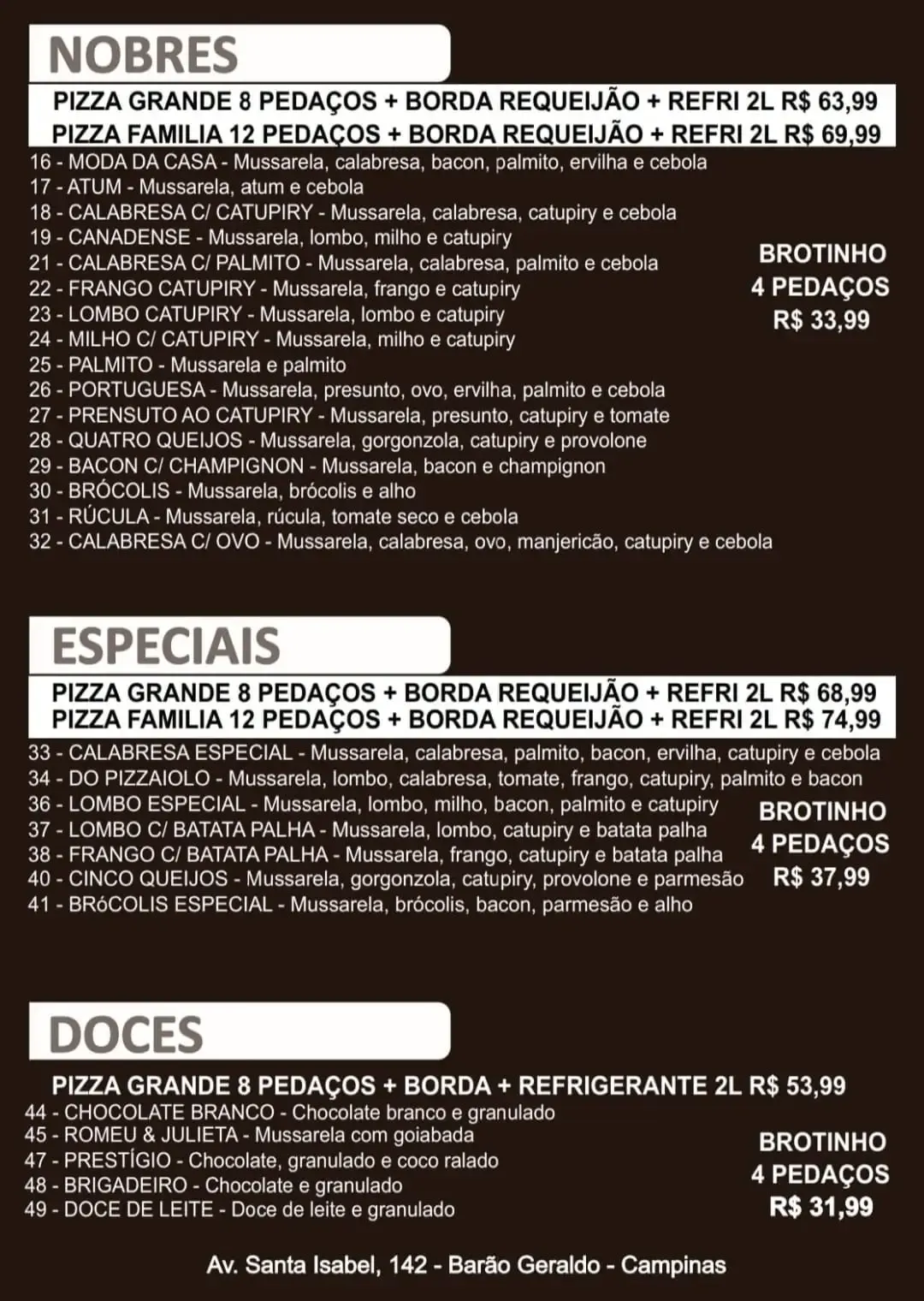 Cardápio Nonna Braçuda, página 2: pizzas nobres, especiais e doces